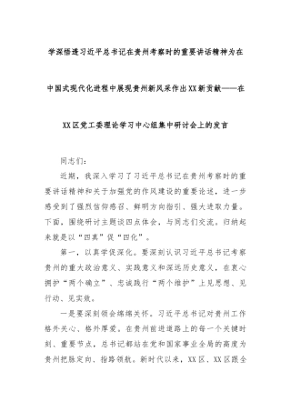 学深悟透总书记在贵州考察时的重要讲话精神为在中国式现代化进程中展现贵州新风采作出XX新贡献——在XX区党工委理论学习中心组集中研讨会上的发言