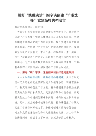 用好“统融实活”四字诀创建“产业先锋”党建品牌典型发言
