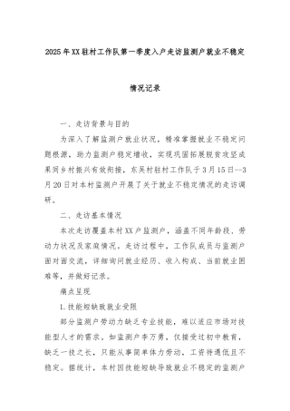 2025年XX驻村工作队第一季度入户走访监测户就业不稳定情况记录