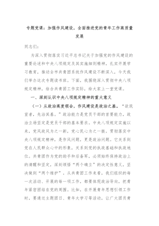 专题党课：加强作风建设，全面推进党的青年工作高质量发展