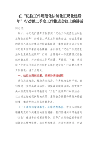 在“纪检工作规范化法制化正规化建设年”行动暨二季度工作推进会议上的讲话