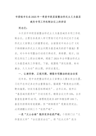 市委秘书长在2025年一季度市级层面整治形式主义为基层减负专项工作机制会议上的讲话