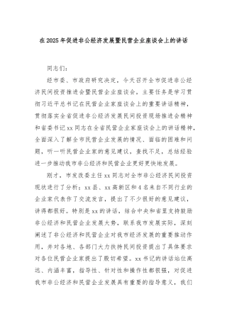 在2025年促进非公经济发展暨民营企业座谈会上的讲话