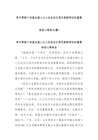 (5篇)学习贯彻十四届全国人大三次会议江苏代表团审议时重要讲话心得体
