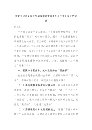 市委书记在全市平安城市建设暨市委社会工作会议上的讲话