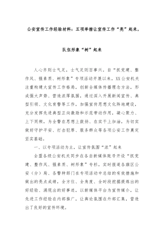 公安宣传工作经验材料：五项举措让宣传工作“亮”起来，队伍形象“树”起来