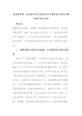某县委常委、政法委书记在2025年学习教育读书班作风建设集中研讨发言