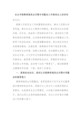 在全市殡葬领域突出问题专项整治工作推进会上的讲话