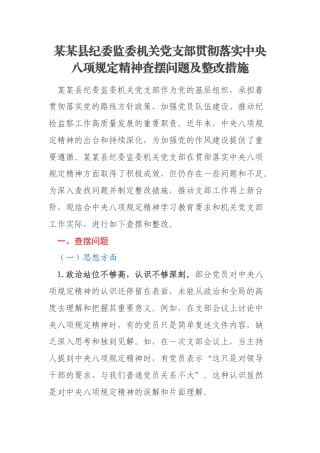 某某县纪委监委机关党支部贯彻落实中央八项规定精神查摆问题及整改措施