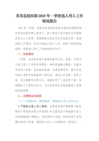 某某县组织部2025年一季度选人用人工作情况报告