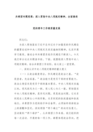 共青团专题党课：深入贯彻中央八项规定精神，全面推进党的青年工作高质量发展