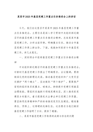 某某市2025年基层党建工作重点任务推进会上的讲话