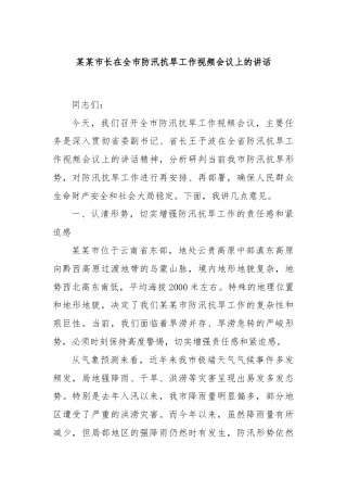 某某市长在全市防汛抗旱工作视频会议上的讲话