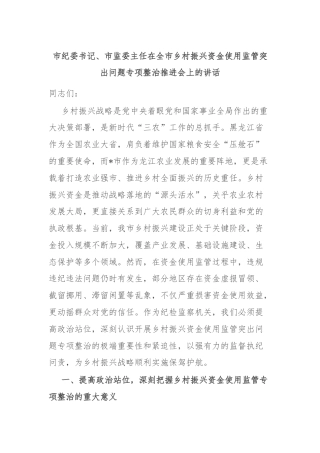 市纪委书记、市监委主任在全市乡村振兴资金使用监管突出问题专项整治推进会上的讲话
