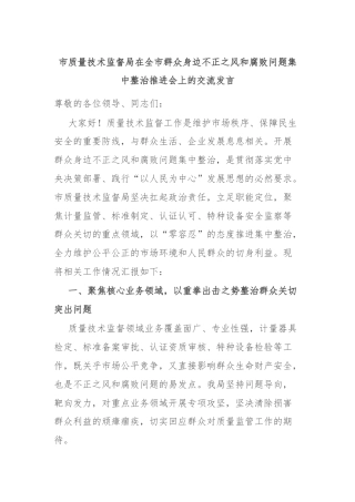 市质量技术监督局在全市群众身边不正之风和腐败问题集中整治推进会上的交流发言