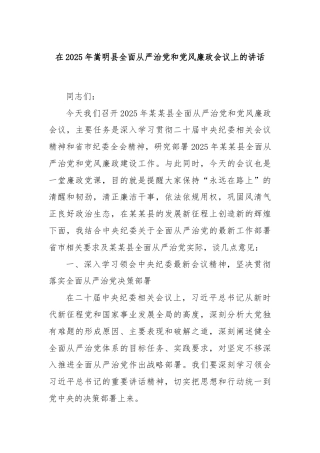 在2025年嵩明县全面从严治党和党风廉政会议上的讲话