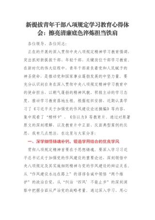 新提拔青年干部八项规定学习教育心得体会：擦亮清廉底色淬炼担当铁肩