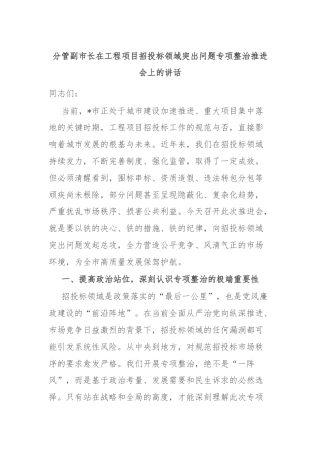 分管副市长在工程项目招投标领域突出问题专项整治推进会上的讲话