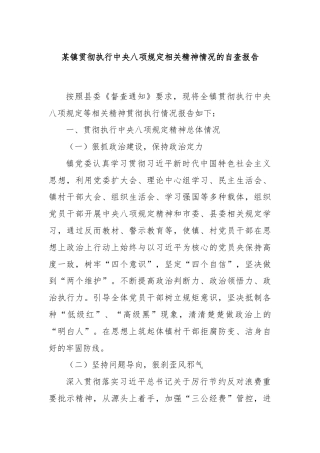 某镇贯彻执行中央八项规定相关精神情况的自查报告