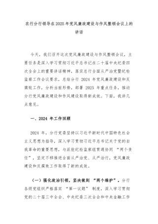 农行分行领导在2025年党风廉政建设与作风整顿会议上的讲话