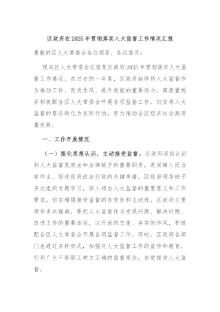 区政府在2025年贯彻落实人大监督工作情况汇报