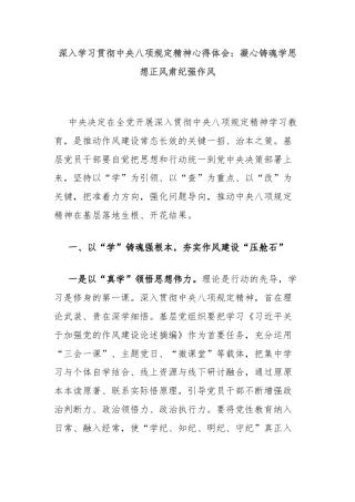 深入学习贯彻中央八项规定精神心得体会：凝心铸魂学思想正风肃纪强作风