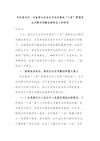 市纪委书记、市监委主任在全市农村集体“三资”管理突出问题专项整治推进会上的讲话