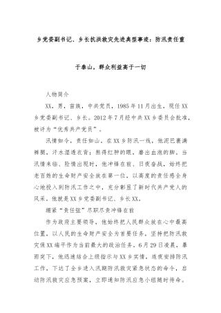 乡党委副书记、乡长抗洪救灾先进典型事迹：防汛责任重于泰山，群众利益高于一切
