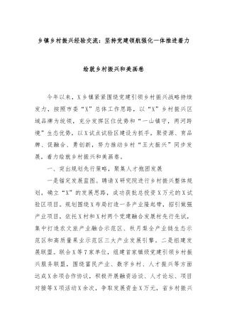 乡镇乡村振兴经验交流：坚持党建领航强化一体推进着力绘就乡村振兴和美画卷