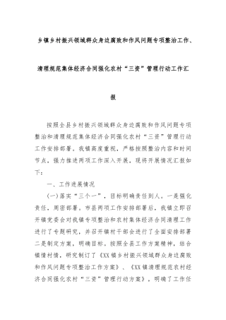 乡镇乡村振兴领域群众身边腐败和作风问题专项整治工作、清理规范集体经济合同强化农村“三资”管理行动工作汇报