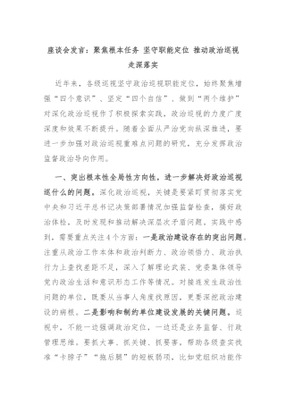 座谈会发言：聚焦根本任务 坚守职能定位 推动政治巡视走深落实