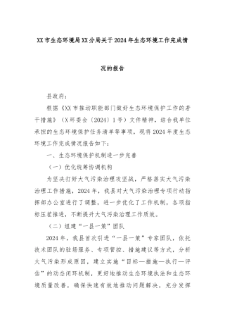 XX市生态环境局XX分局关于2024年生态环境工作完成情况的报告