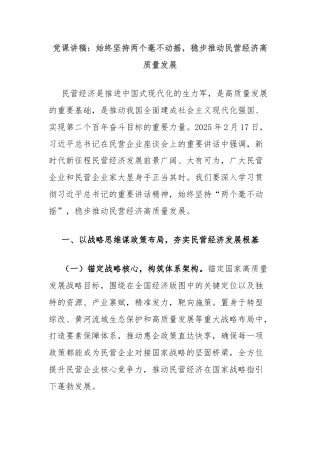 党课讲稿：始终坚持两个毫不动摇，稳步推动民营经济高质量发展