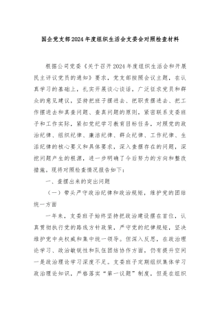 国企党支部2024年度组织生活会支委会对照检查材料