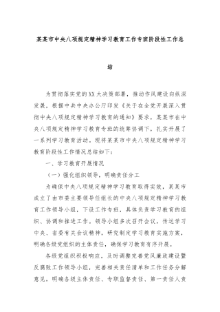 某某市中央八项规定精神学习教育工作专班阶段性工作总结