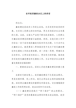 在市政府廉政会议上的讲话