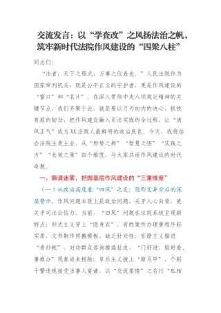 交流发言：以“学查改”之风扬法治之帆，筑牢新时代法院作风建设的“四梁八柱”