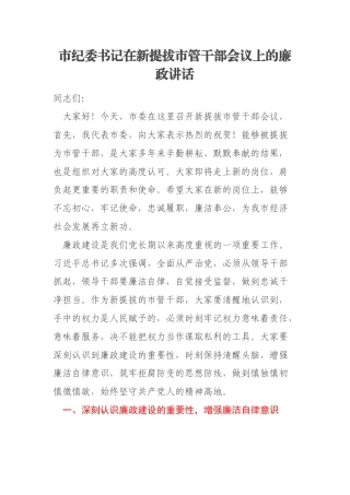 市纪委书记在新提拔市管干部会议上的廉政讲话