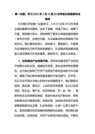 第一议题：学习2025年3月19至20日考察云南重要讲话精神