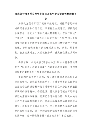 青海银行海西州分行党支部召开集中学习暨案例警示教育会