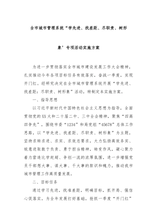 全市城市管理系统“学先进、找差距、尽职责、树形象’专项活动实施方案