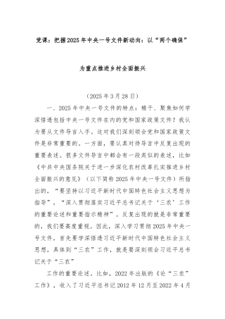 党课： 把握 2025 年中央一号文件新动向： 以“两个确保” 为重点推进乡 村全面振兴