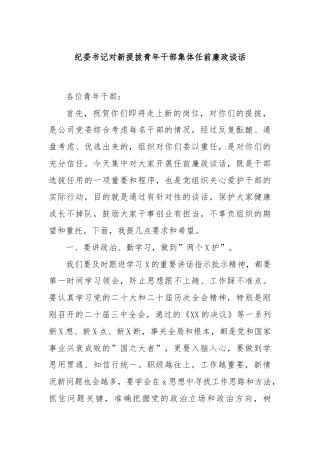 纪委书记对新提拔青年干部集体任前廉政谈话