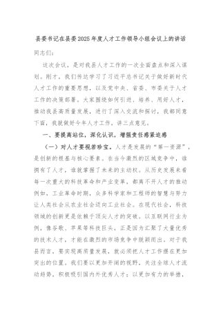 县委书记在县委2025年度人才工作领导小组会议上的讲话