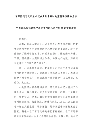 学深悟透习近平总书记在贵州考察时的重要讲话精神为在中国式现代化进程中展现贵州新风采作出XX新贡献发言