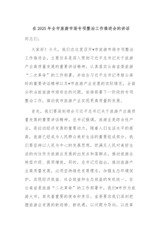 在2025年全市旅游市场专项整治工作推进会的讲话