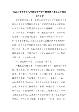 在深入贯彻中央八项规定精神学习教育集中整治工作推进会的发言