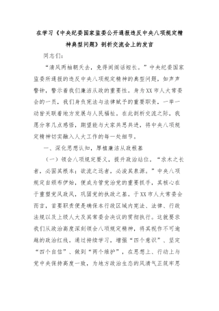 在学习《中央纪委国家监委公开通报违反中央八项规定精神典型问题》剖析交流会上的发言