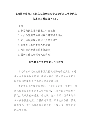 (6篇)在政协全过程人民民主实践点联席会议暨界别工作会议上的发言材料汇编