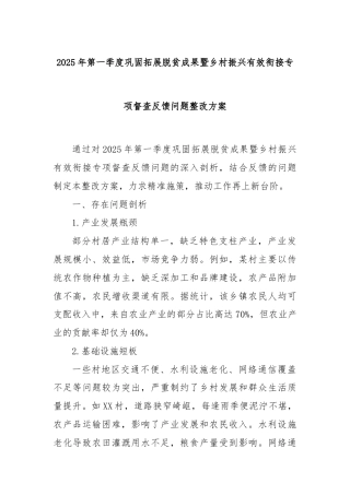 2025年第一季度巩固拓展脱贫成果暨乡村振兴有效衔接专项督查反馈问题整改方案